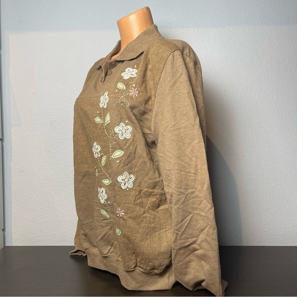ALFRED Dunner NWOT Embroidered Button Collar Long Sleeve Top Tan Size L (L16) - Picture 4 of 5